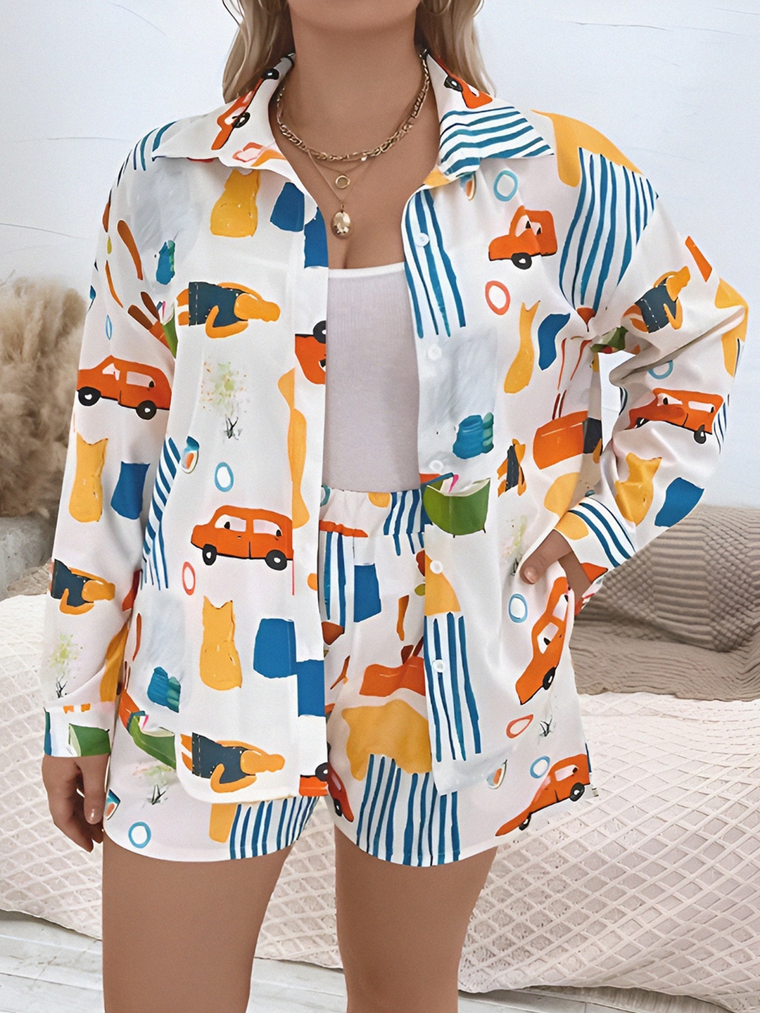 

KALINI Conversational Printed Relaxed Fit Shirt With Shorts, White