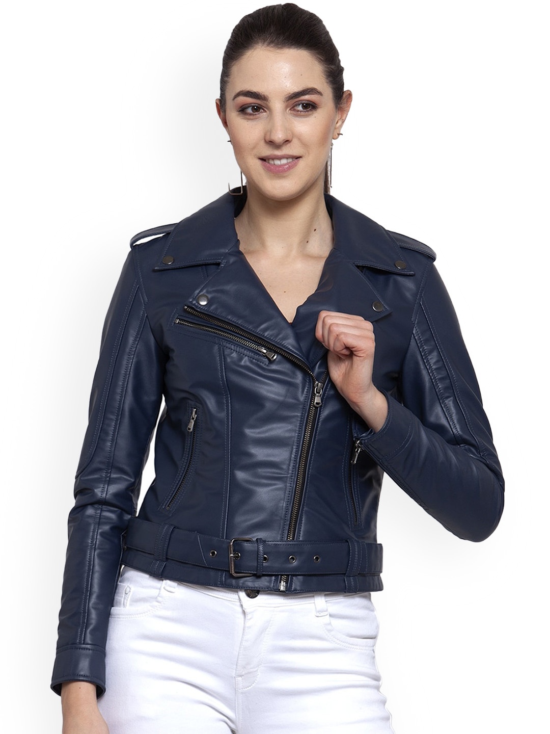 

BEAVER Lightweight Lapel Collar Rapid-Dry Crop Biker Jacket, Navy blue