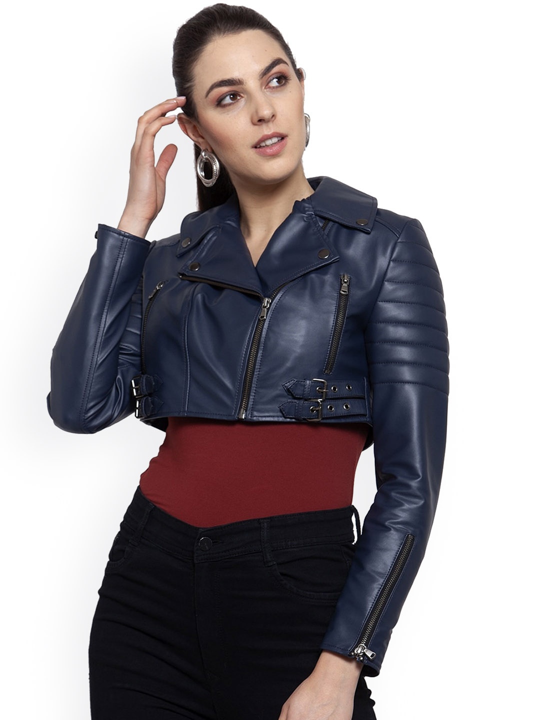 

BEAVER Lapel Collar Long Sleeves Lightweight Crop Biker Jacket, Navy blue
