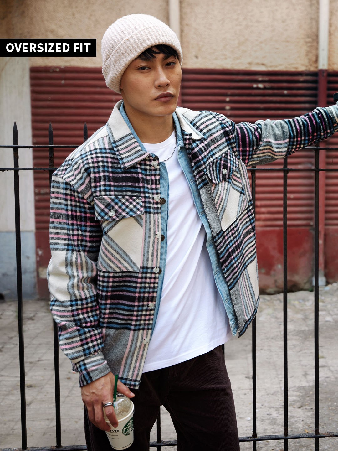 

The Souled Store Checked Spread Collar Oversized Casual Pure Cotton Shacket, Blue