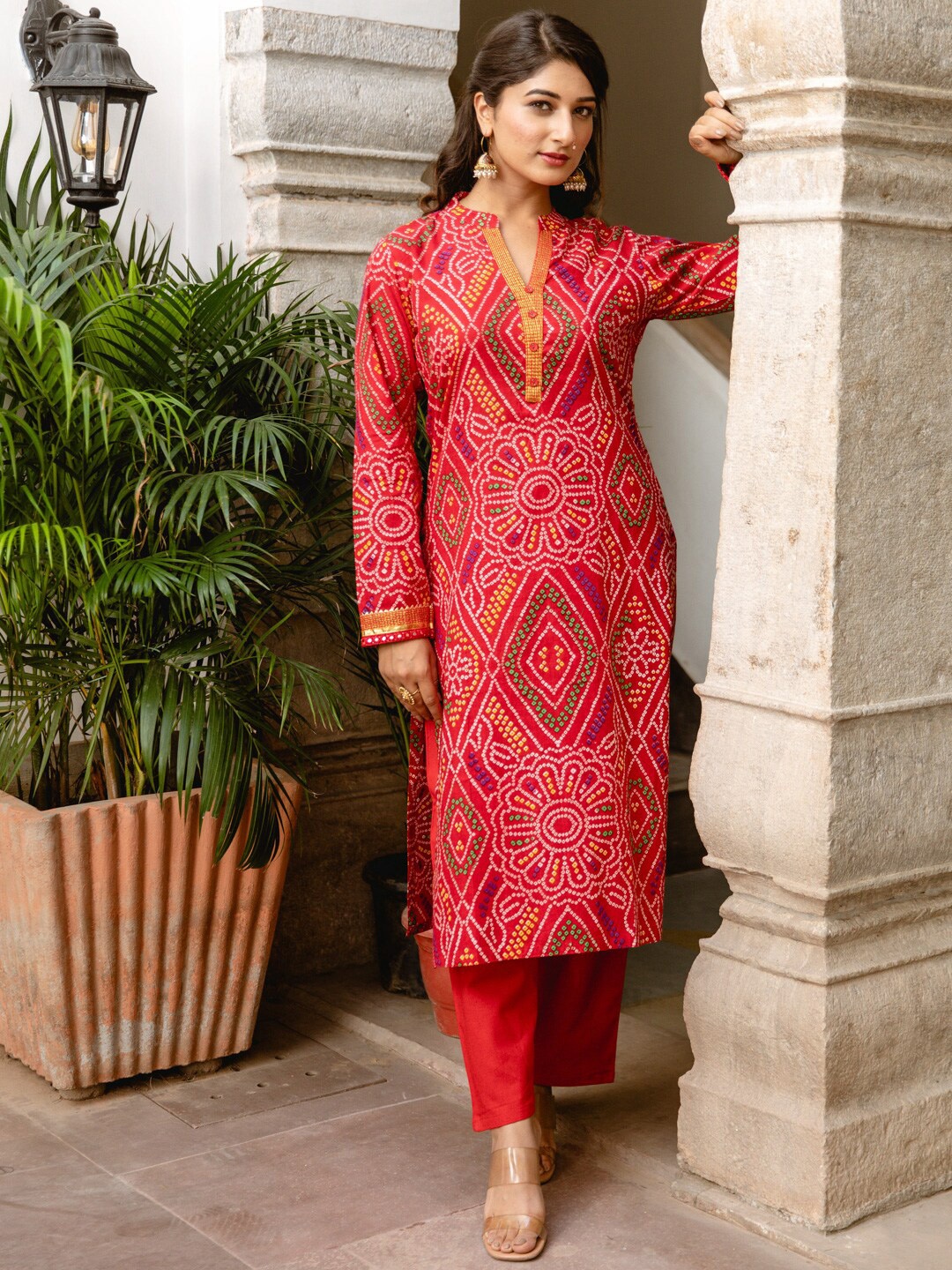

Jaipuriya Fab Private Limited Bandhani Printed Mandarin Collar Pure Cotton Kurta, Red