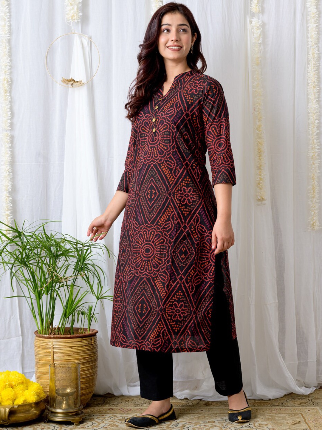 

Jaipuriya Fab Private Limited Bandhani Printed Mandarin Collar Pure Cotton Kurta, Black