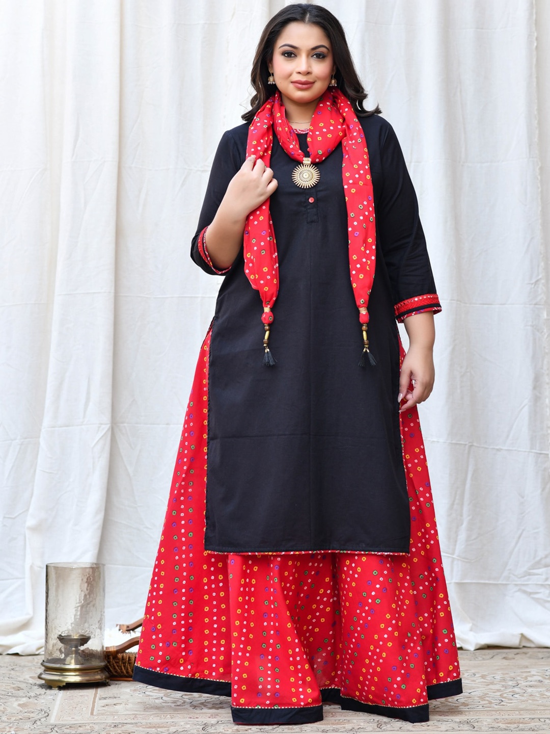 

Jaipuriya Fab Private Limited Plus Size Bandhani Printed Cotton Kurta With Skirt & Dupatta, Red