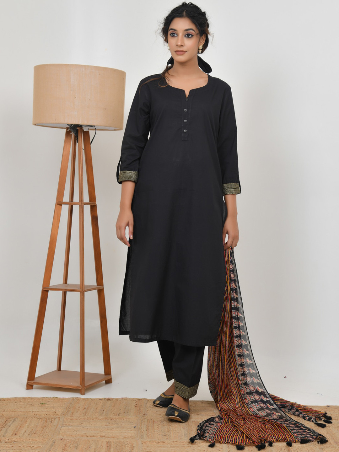 

Jaipuriya Fab Private Limited Striped Thread Work Cotton Kurta With Palazzo & Dupatta, Black