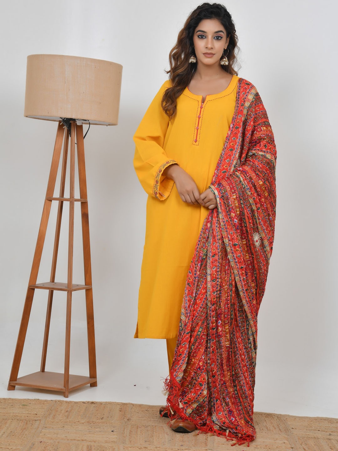 

Jaipuriya Fab Private Limited Women Yellow Pure Cotton Kurti with Pyjamas & With Dupatta