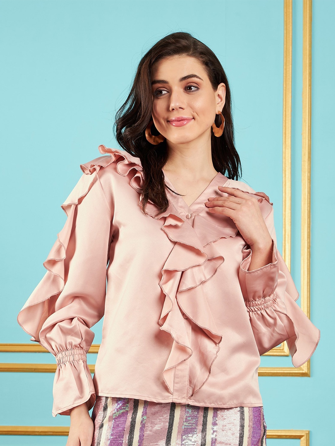 

SASSAFRAS Pink V-Neck Cuffed Sleeves Ruffles Satin Shirt Style Regular Top