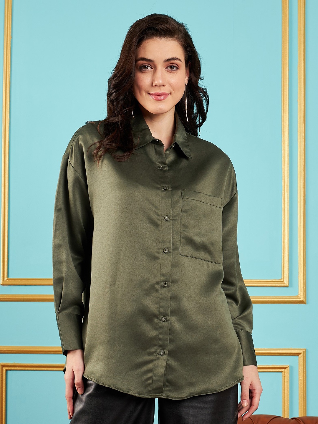 

SASSAFRAS Olive Green Oversized Spread Collar Long Sleeves Satin Casual Shirt