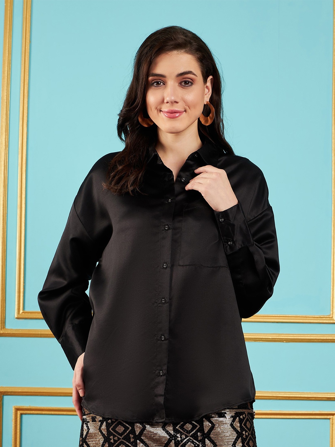 

SASSAFRAS Black Oversized Spread Collar Long Sleeves Satin Casual Shirt