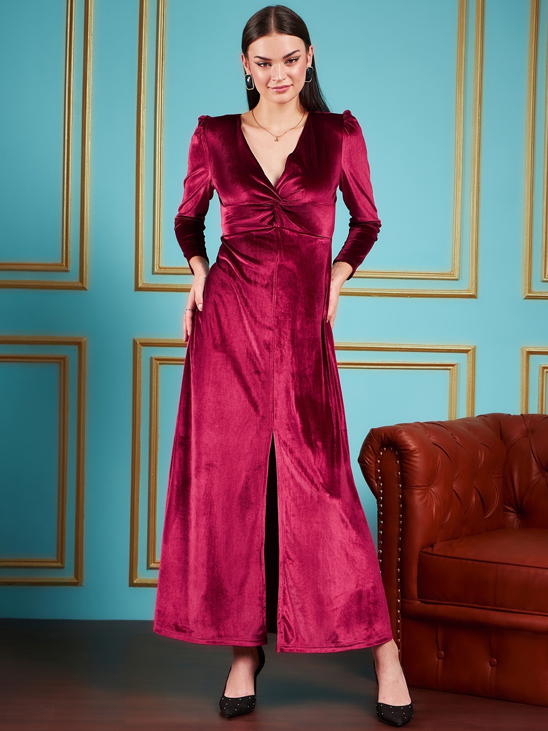 

SASSAFRAS Maroon V-Neck Puff Sleeves Velvet Maxi Party Dress