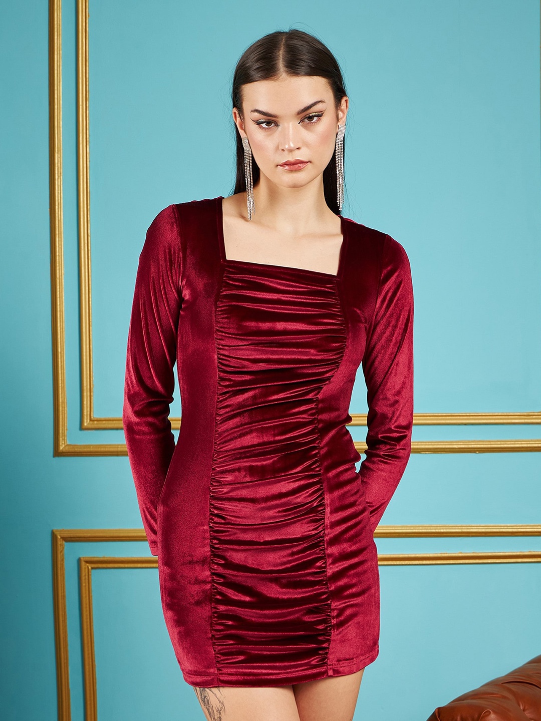 

SASSAFRAS Maroon Square Neck Ruched Velvet Bodycon Mini Dress