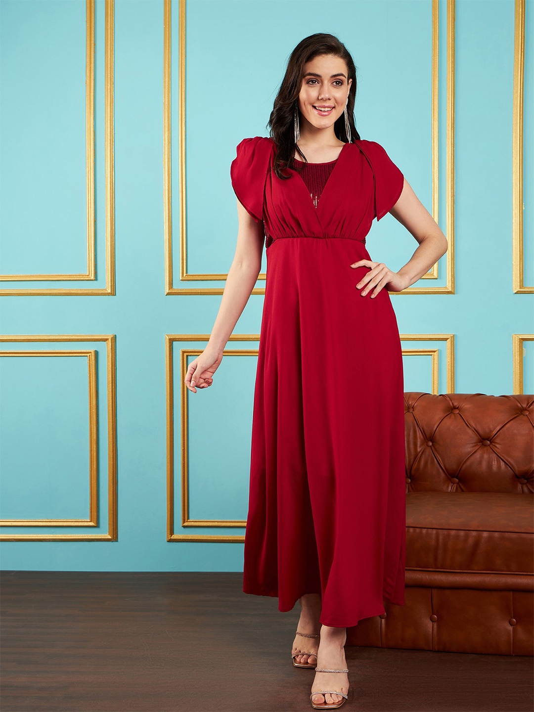 

SASSAFRAS Maroon Flared Sleeves Sequinned Georgette Maxi Dress