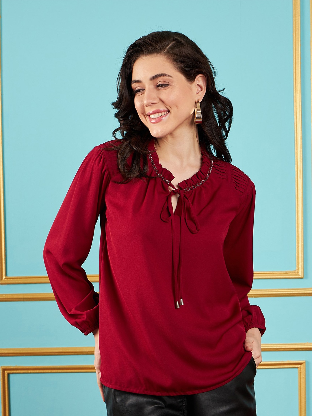 

SASSAFRAS Maroon Tie-Up Neck Puff Sleeve Top