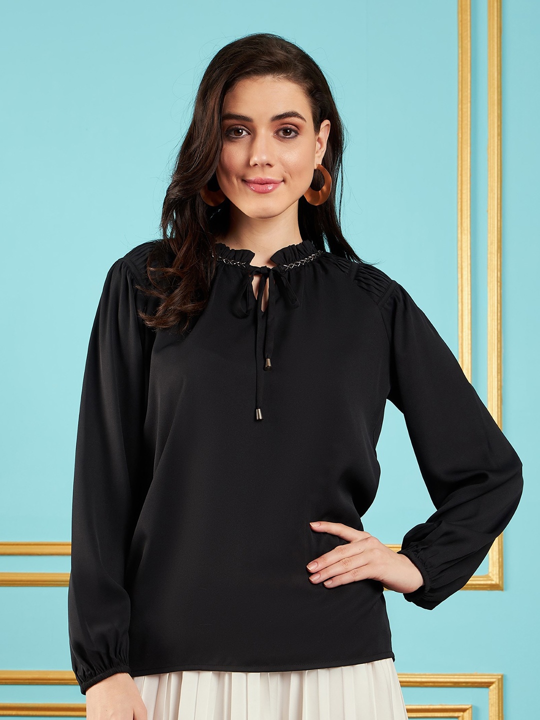 

SASSAFRAS Black Tie-Up Neck Puff Sleeve Top