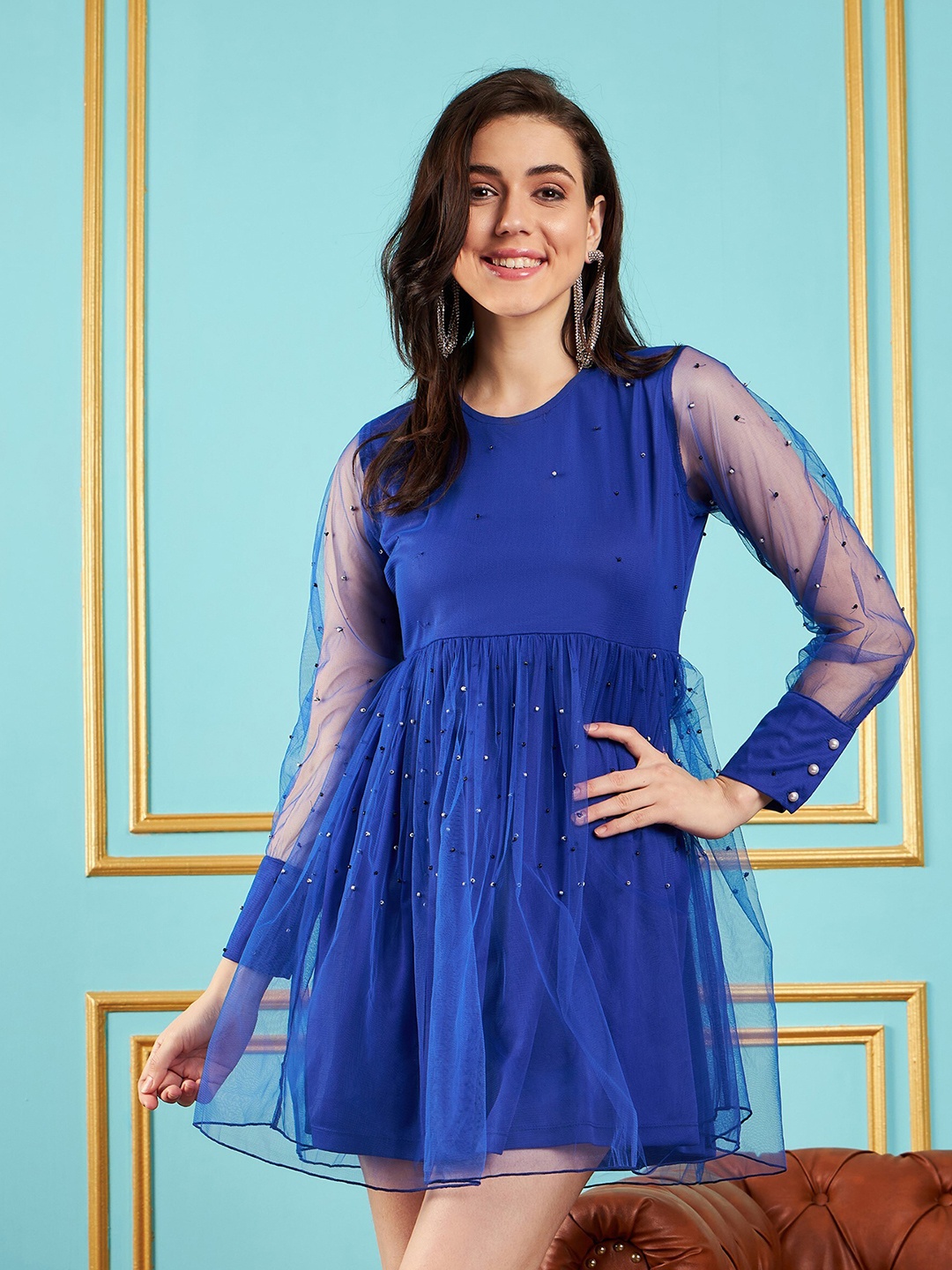 

SASSAFRAS Blue Embellished Cuffed Sleeves Gathered Detail Fit and Flare Dress