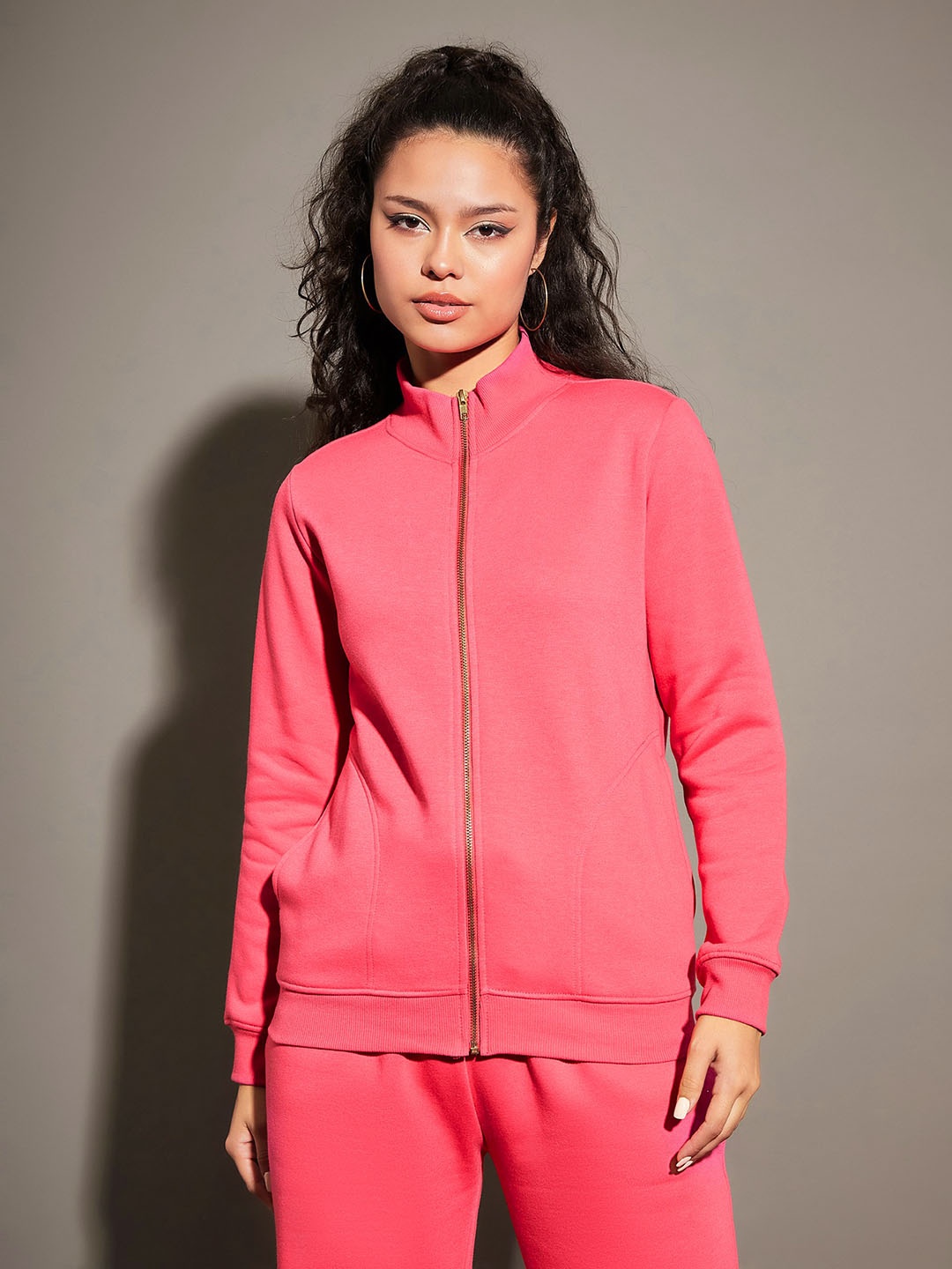 

SASSAFRAS Pink Mock Collar Bomber Jacket