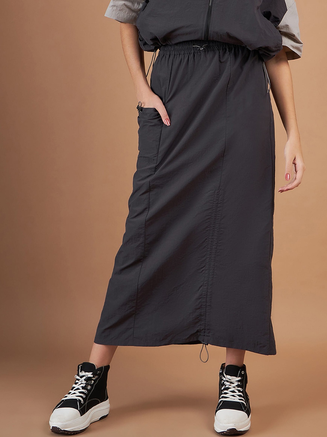 

SASSAFRAS Ruched Midi A-Line Parachute Skirt, Grey