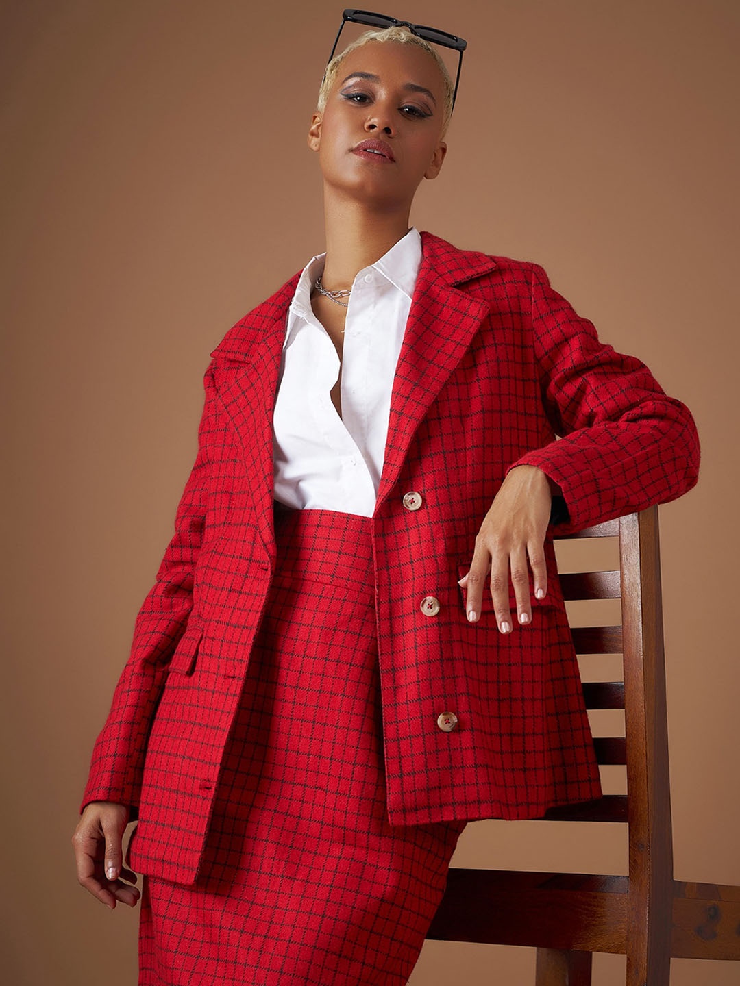 

SASSAFRAS Red Checked Single-Breasted Blazer