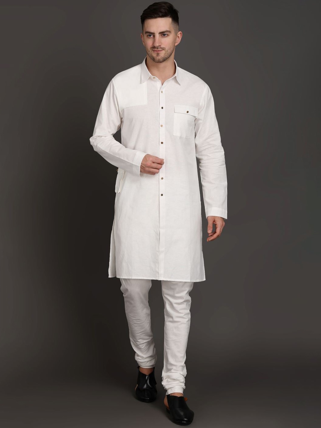 

MIDAV Spread Collar Pocket Details Cotton Pathani Kurta, White