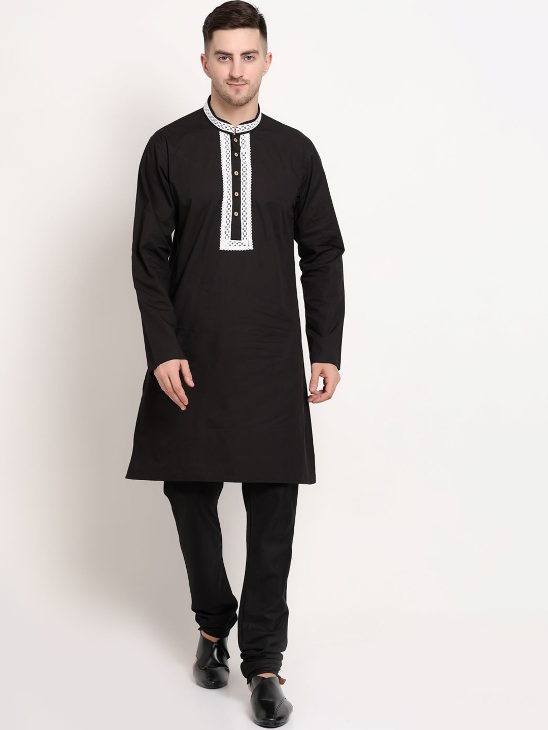 

MIDAV Laced- Placket Detail Mnadarin Collar Straight Cotton Kurta, Black