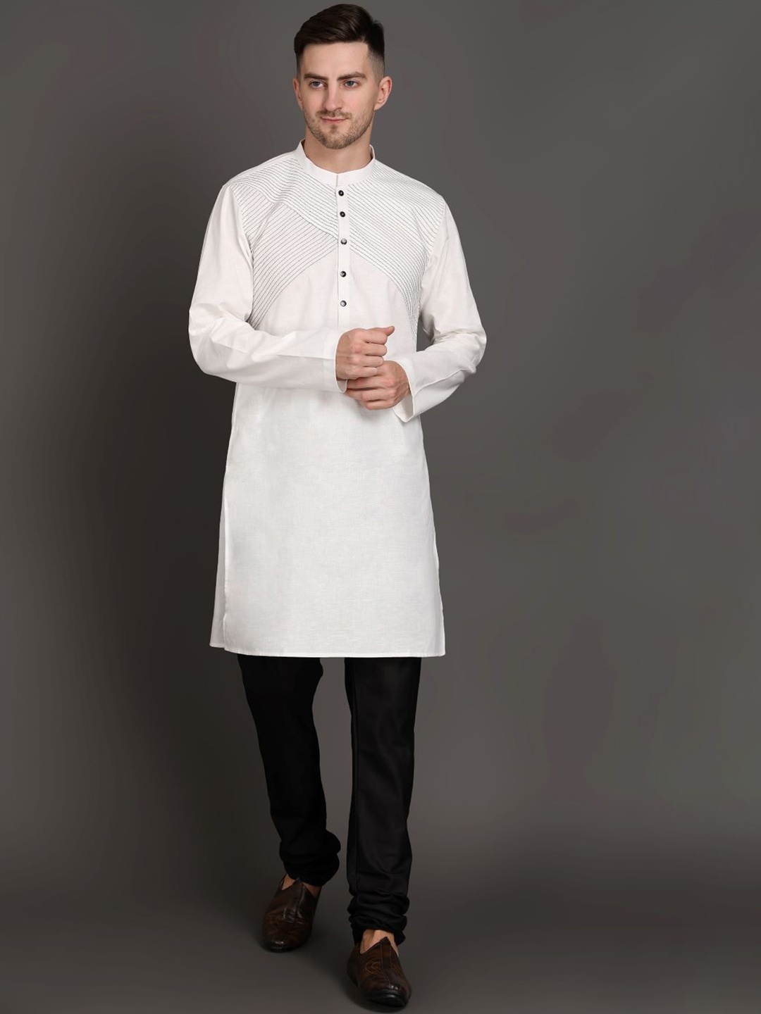 

MIDAV Mandarin Collar Long Sleeves Thread Work Cotton Straight Kurta, White