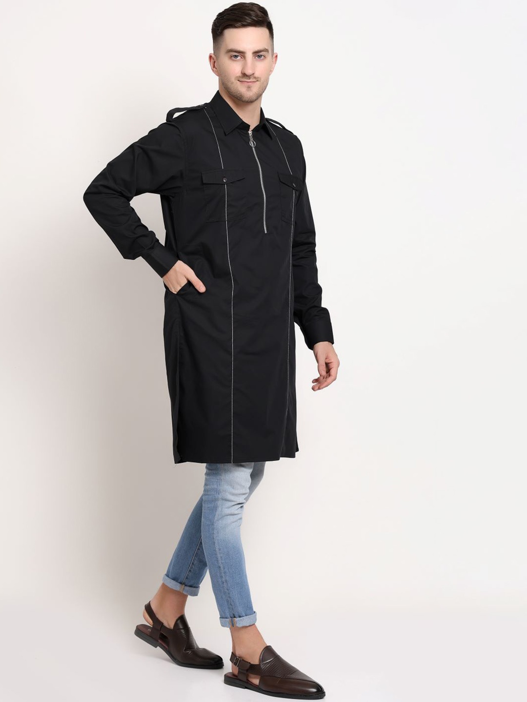 

MIDAV Striped Thread Work Pathani Cotton Kurta, Black