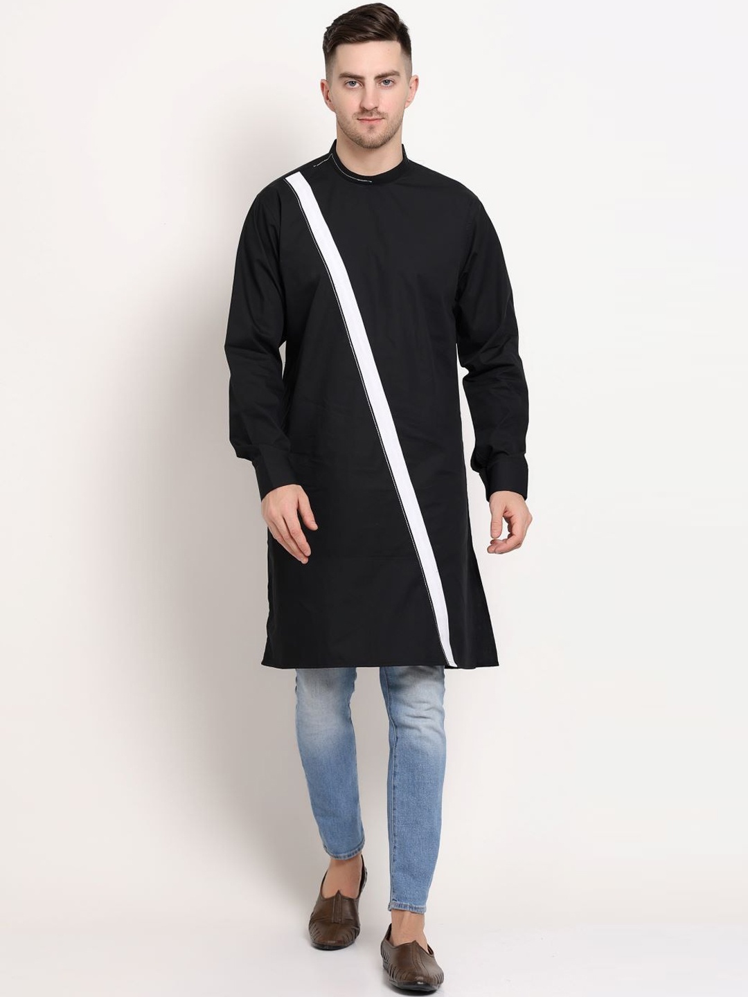 

MIDAV Striped Mandarin Collar Long Sleeves Cotton Straight Kurta, Black