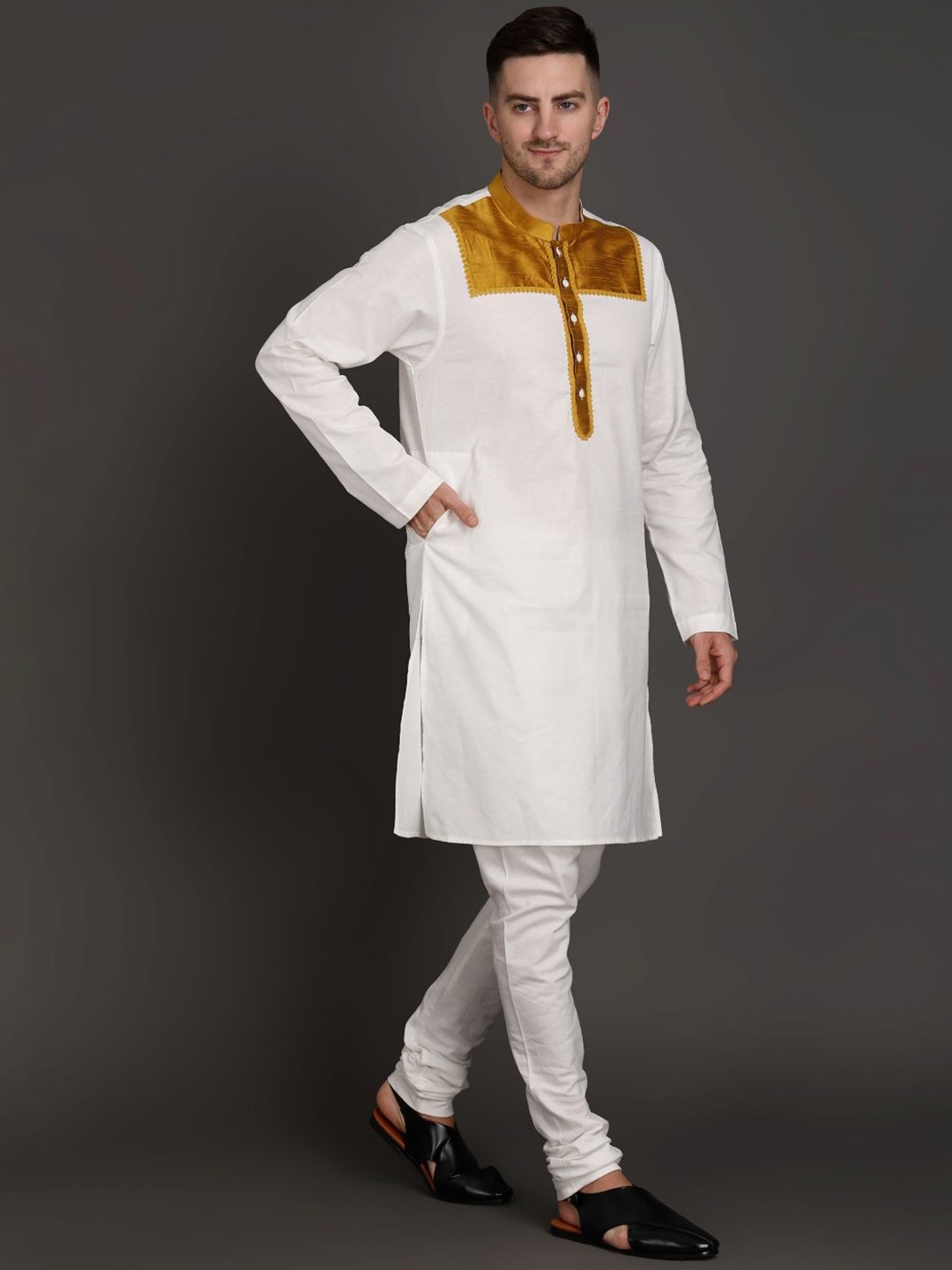 

MIDAV Colourblocked Cotton Straight Kurta, White