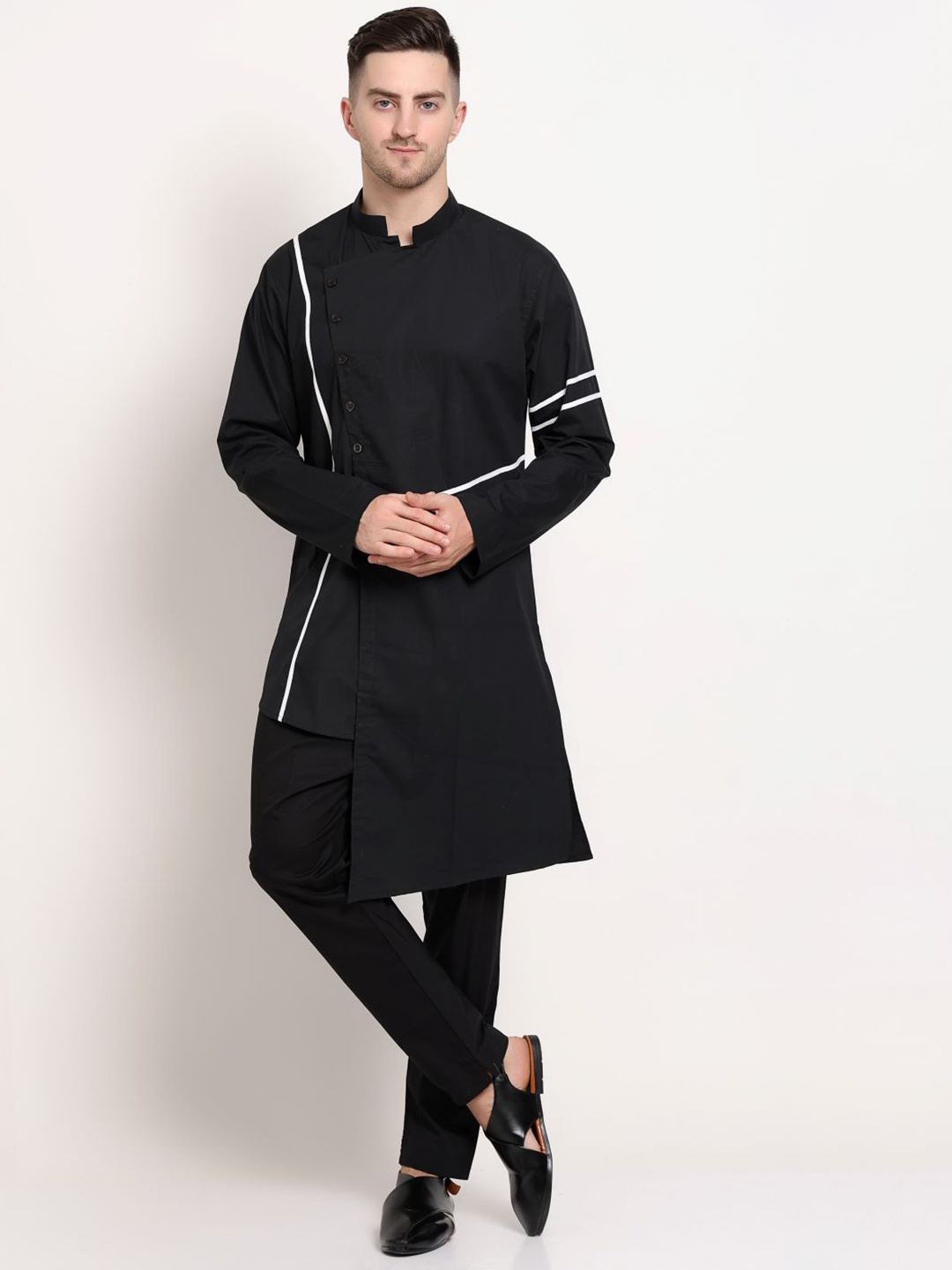 

MIDAV Striped Mandarin Collar Angrakha Cotton Asymmetric Kurta, Black