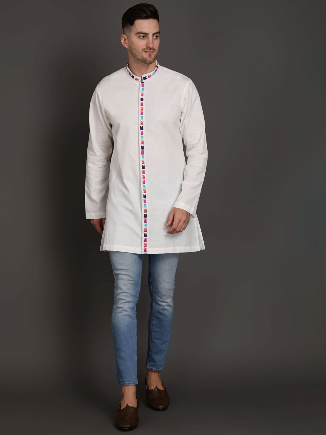 

MIDAV Mandarin Collar Long Sleeves Cotton Straight Short Kurta, White