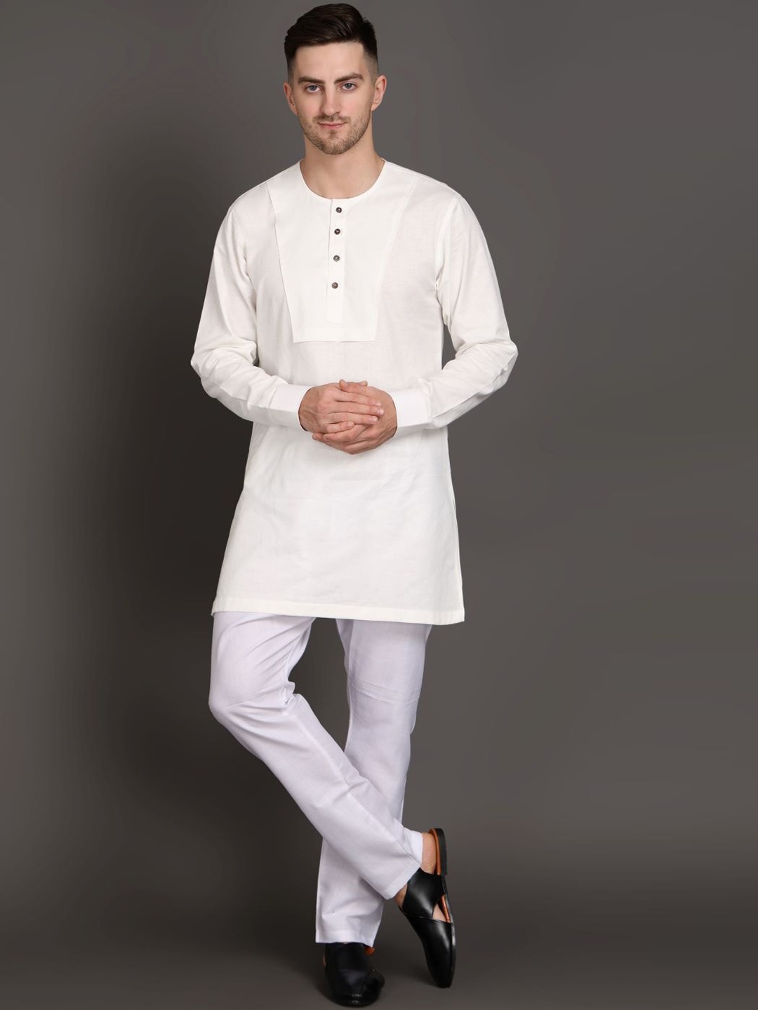

MIDAV Yoke Detail Round Neck Straight Cotton Kurta, White