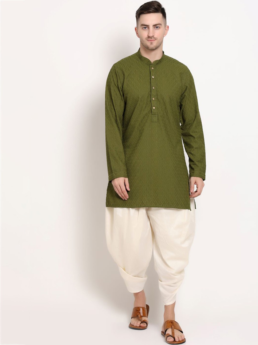 

MIDAV Mandarin Collar Long Sleeves Straight Short Kurta, Olive