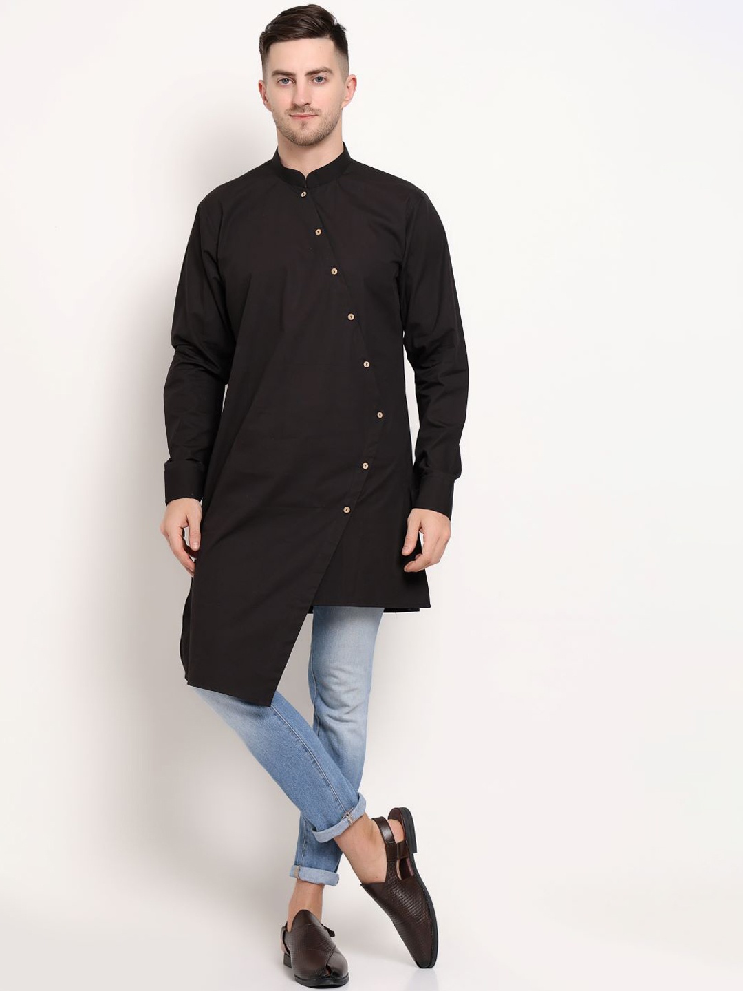 

MIDAV Mandarin Collar Angrakha Asymmetric Cotton Kurta, Black