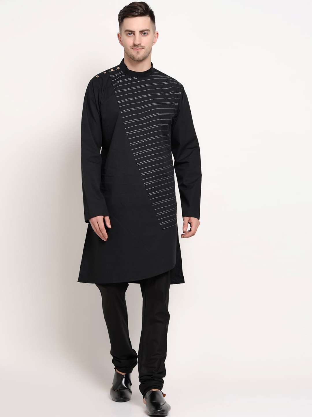 

MIDAV Striped Thread Work Asymmetric Cotton Kurta, Black
