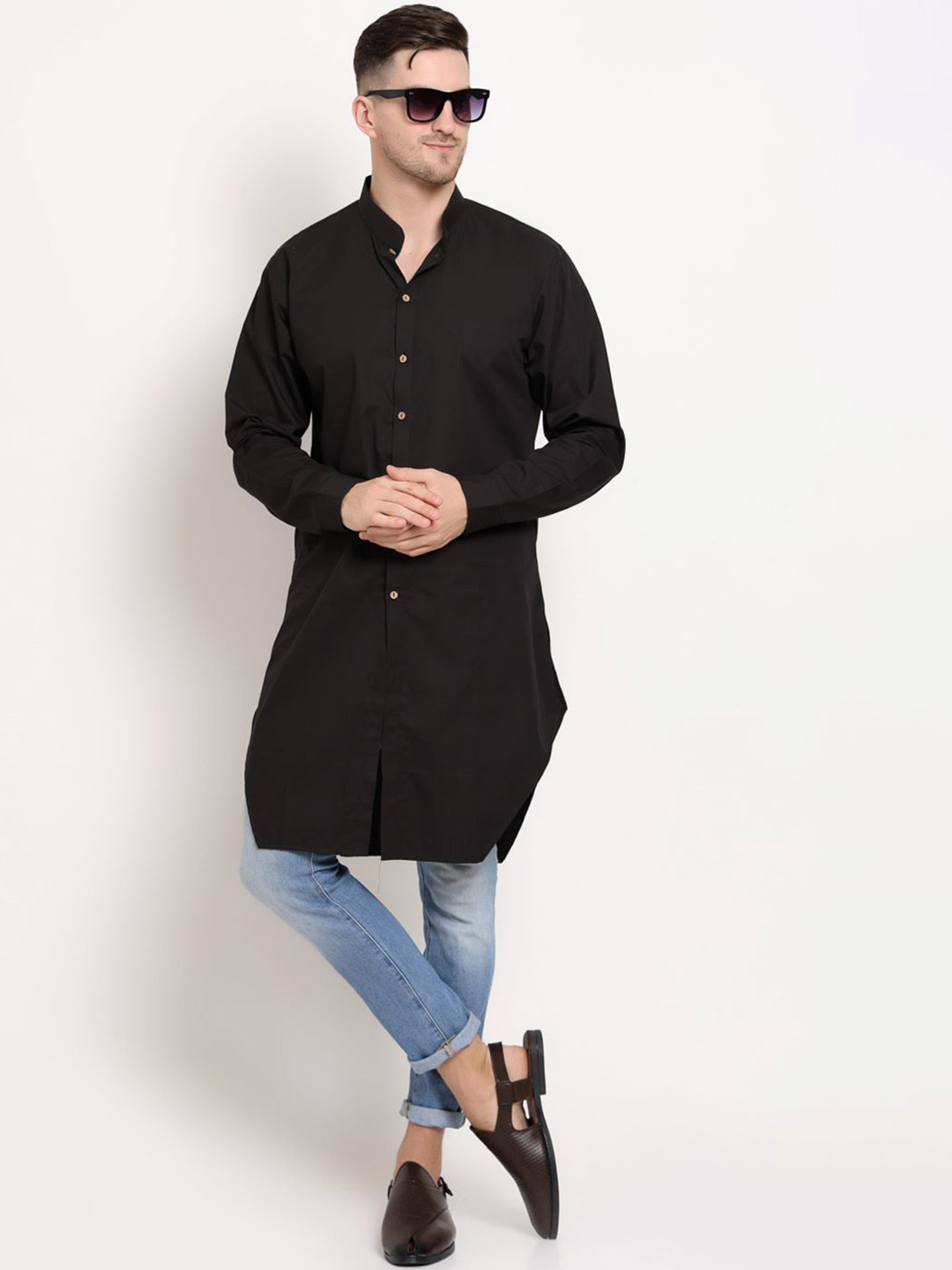 

MIDAV Mandarin Collar Long Sleeves Cotton Straight Kurta, Black