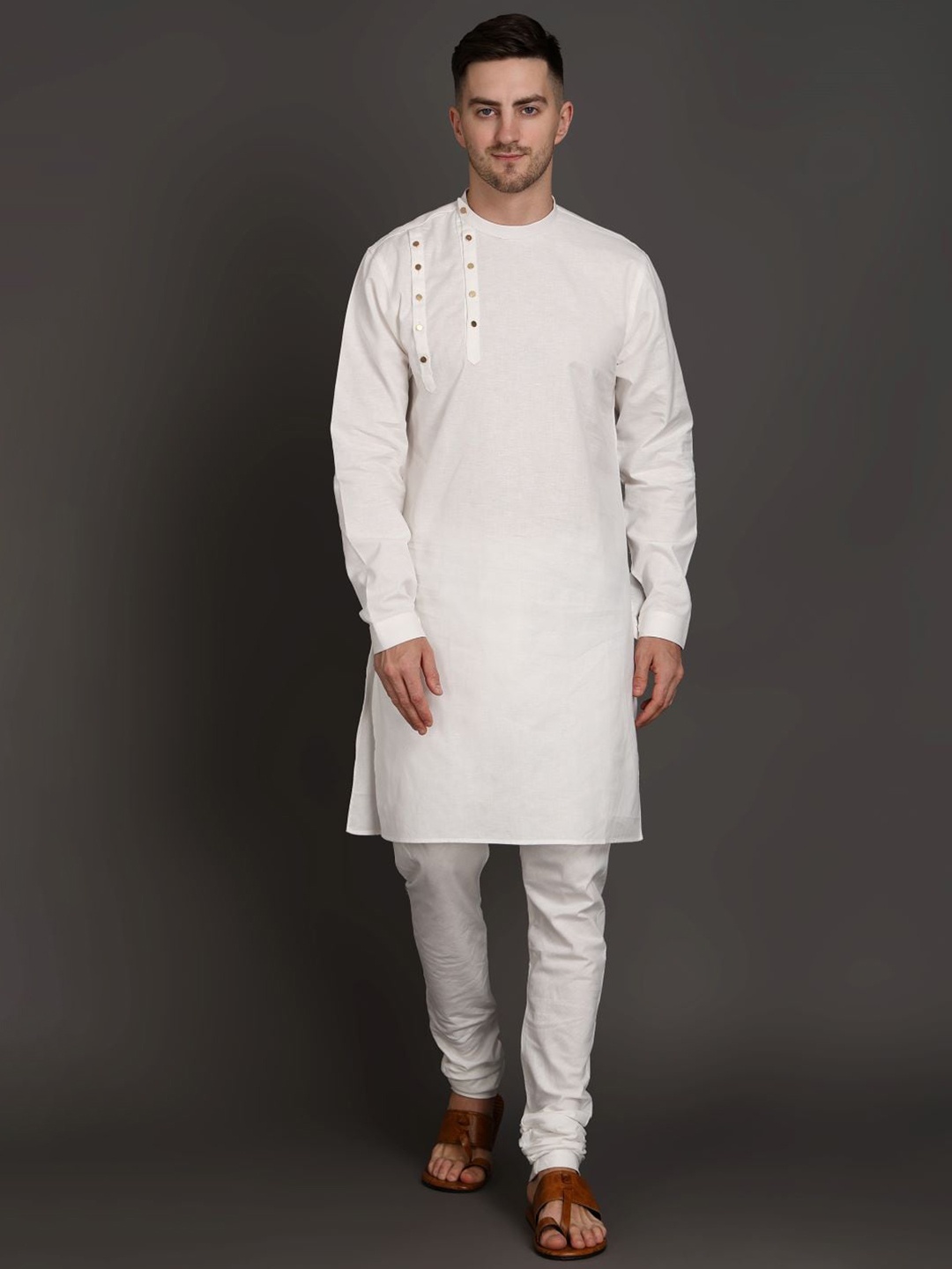 

MIDAV Round Neck Button Placket Straight Cotton Kurta, White