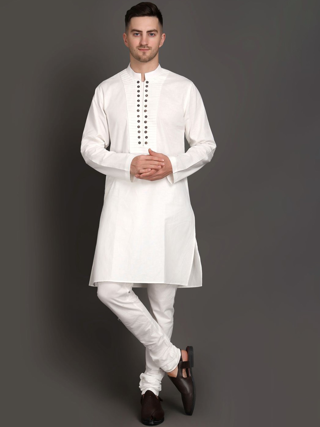 

MIDAV Pintucks Yoke Detail Mandarin Collar Cotton Kurta, White