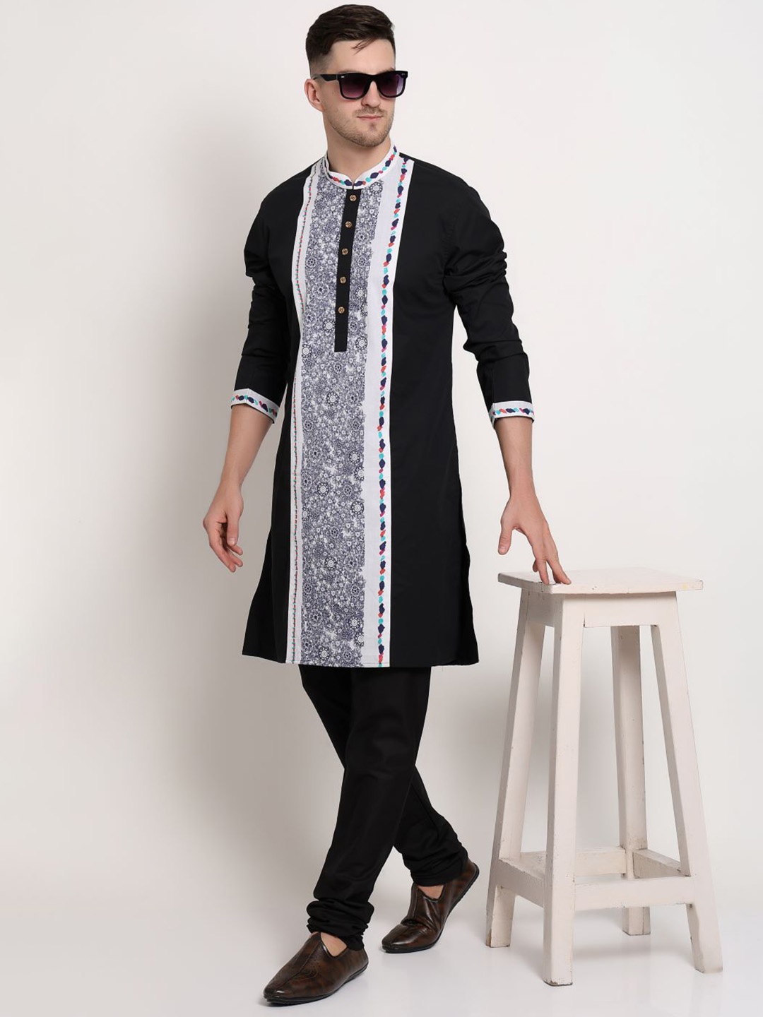 

MIDAV Ethnic Motifs Printed Mandarin Collar Long Sleeves Cotton Straight Kurta, Black