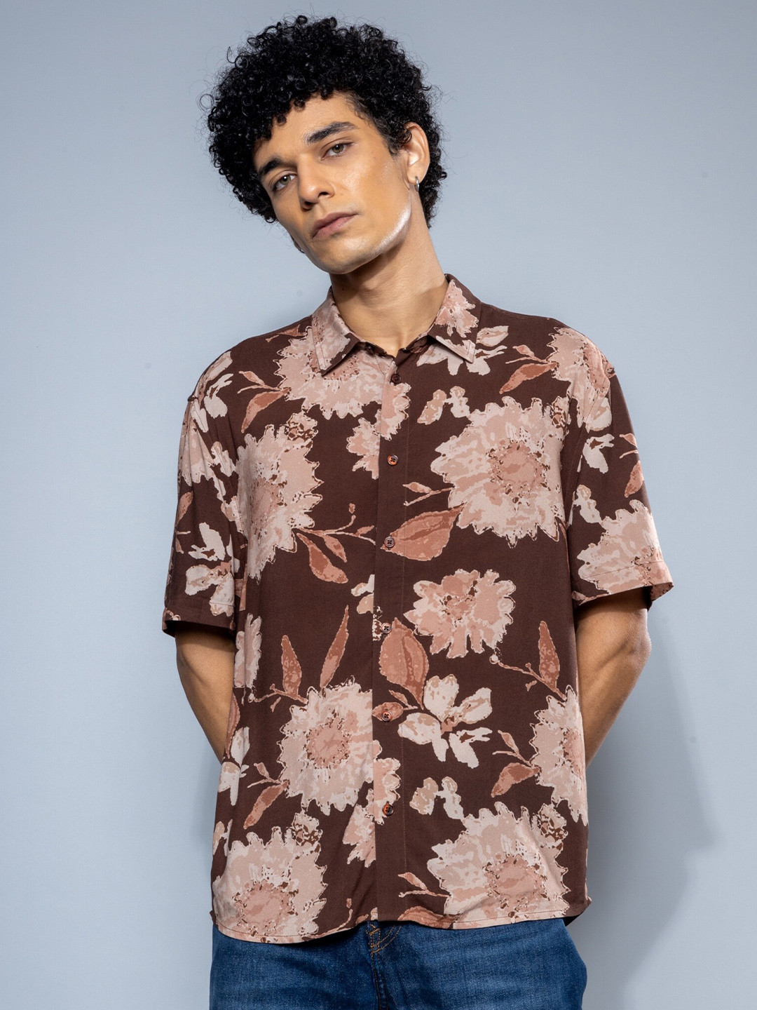 

H&M Cotton Relaxed Fit Floral Print Shirt, Brown