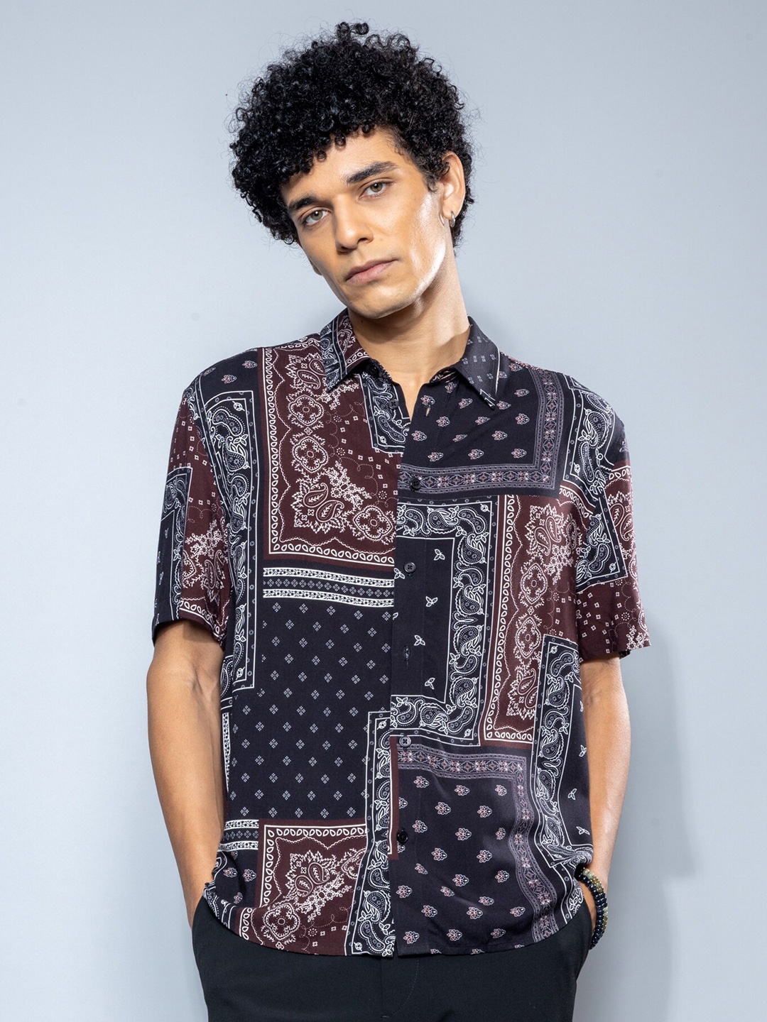 

H&M Cotton Relaxed Fit Abstract Print Shirt, Black