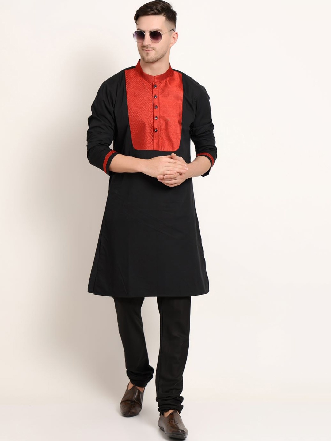 

MIDAV Geometric Yoke Design Thread Work Straight Cotton Kurta, Black