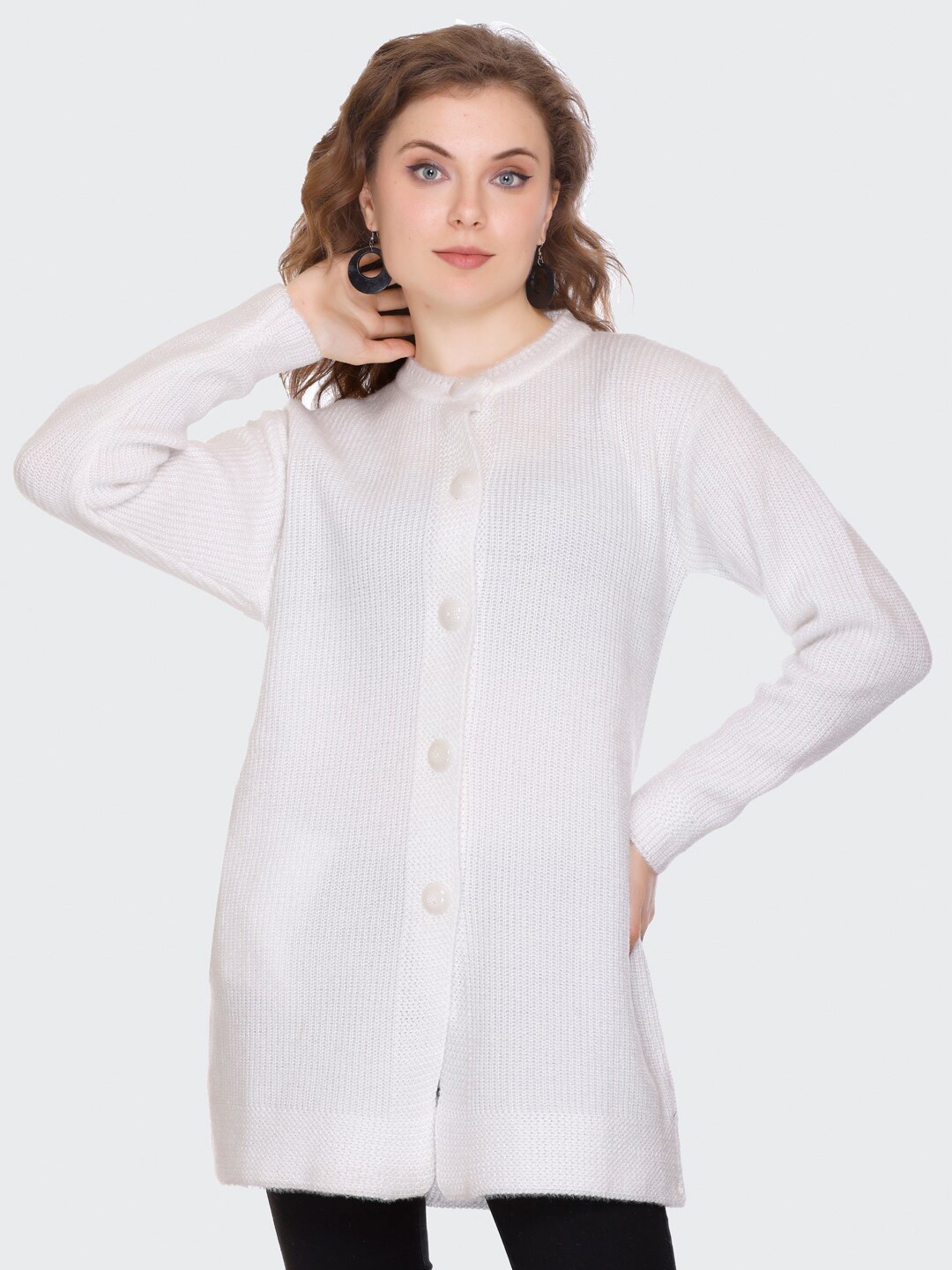 

NITSLINE Self Design Round Neck Acrylic Longline Cardigan Sweater, White
