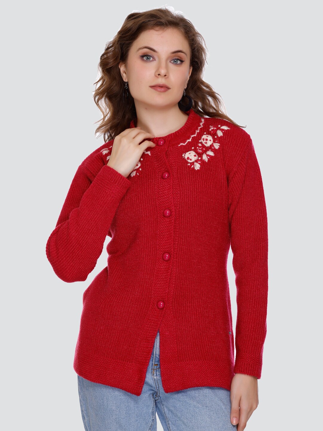 

NITSLINE Self Design Acrylic Longline Cardigan Sweater, Red