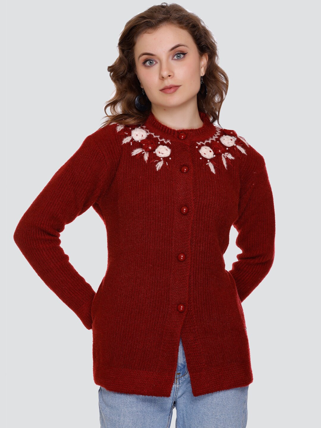 

NITSLINE Self Design Round Neck Acrylic Longline Cardigan Sweater, Maroon