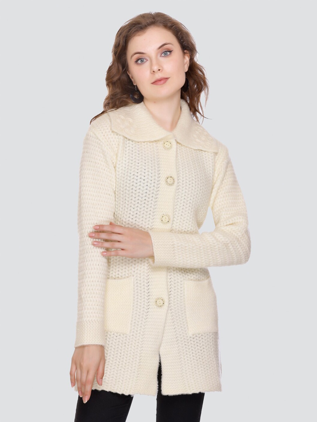 

NITSLINE Self Design Spread Collar Acrylic Longline Cardigan Sweater, Beige