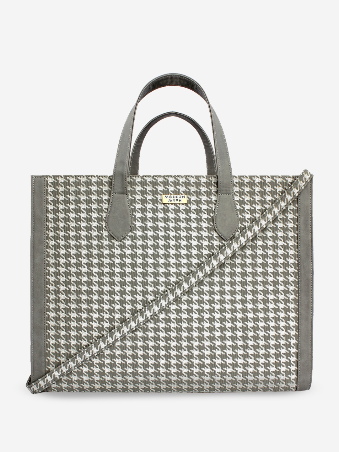 

MODERN MYTH Checked Oversized Shopper Handheld Bag Up to 18 inch Laptop, Grey