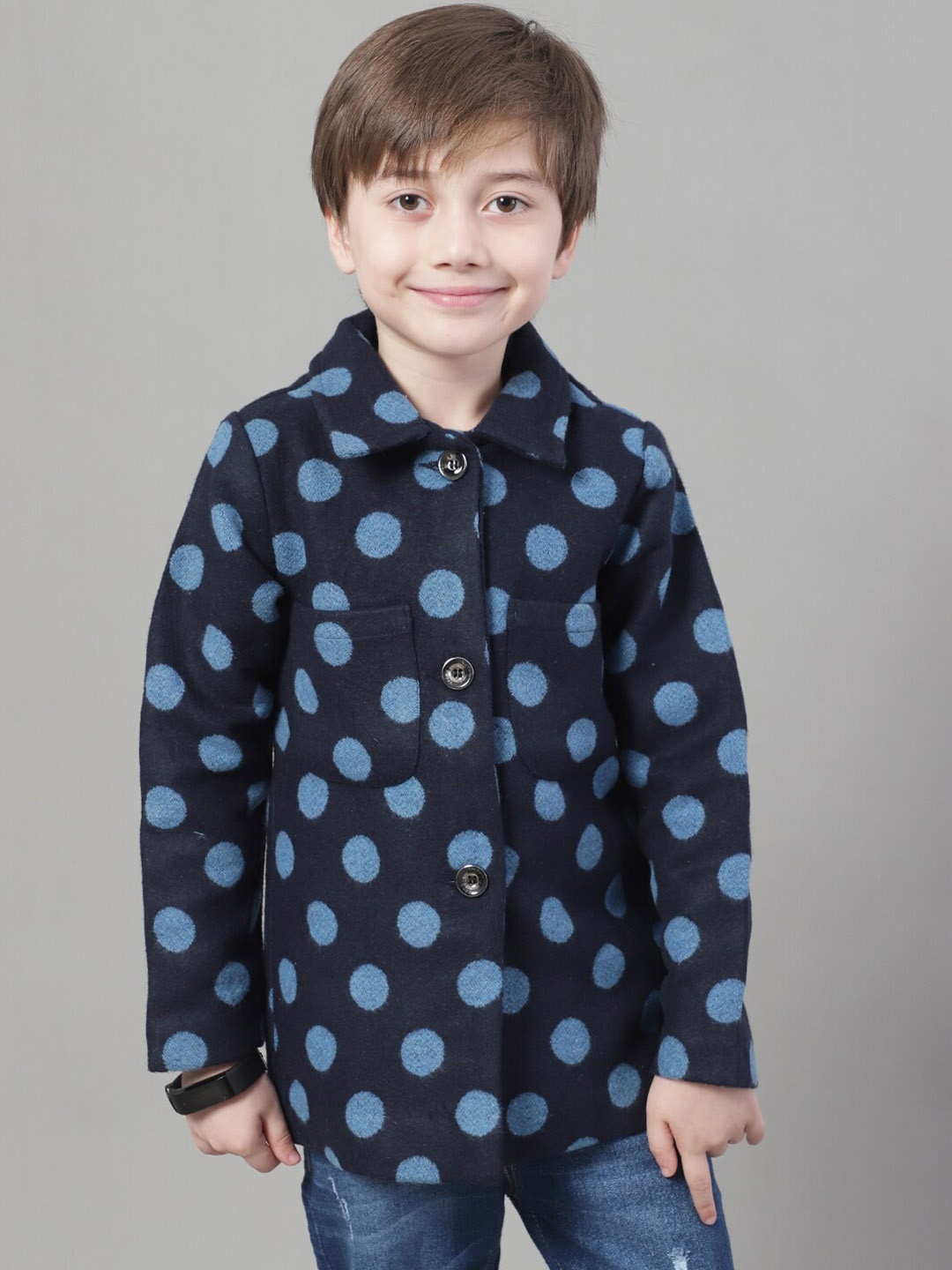 

HOUSE OF VEDAS Boys Polka Dots Printed Lightweight Tailored Jacket, Navy blue