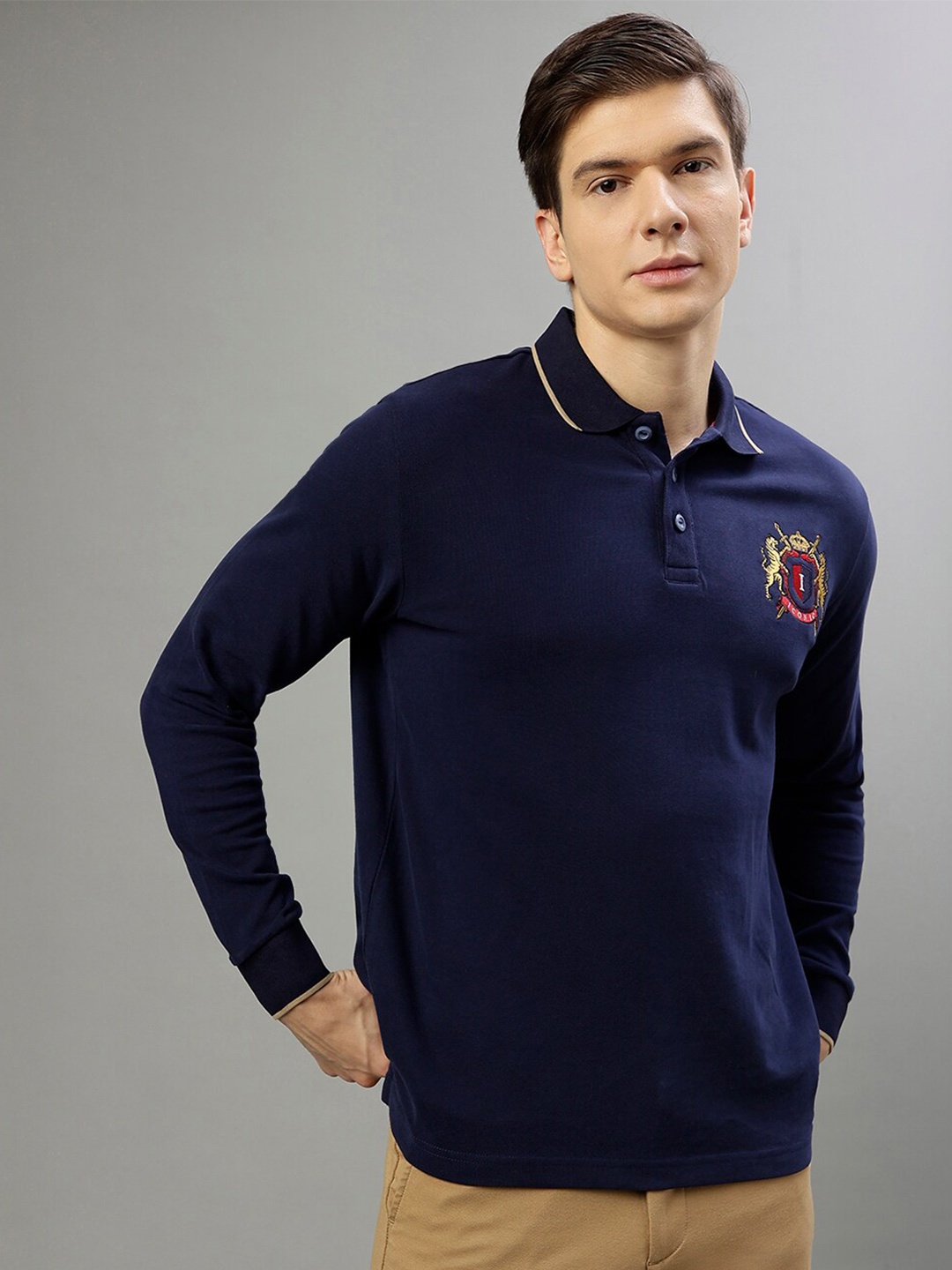 Iconic Polo Collar Long Sleeves Pure Cotton T-shirt, Navy blue