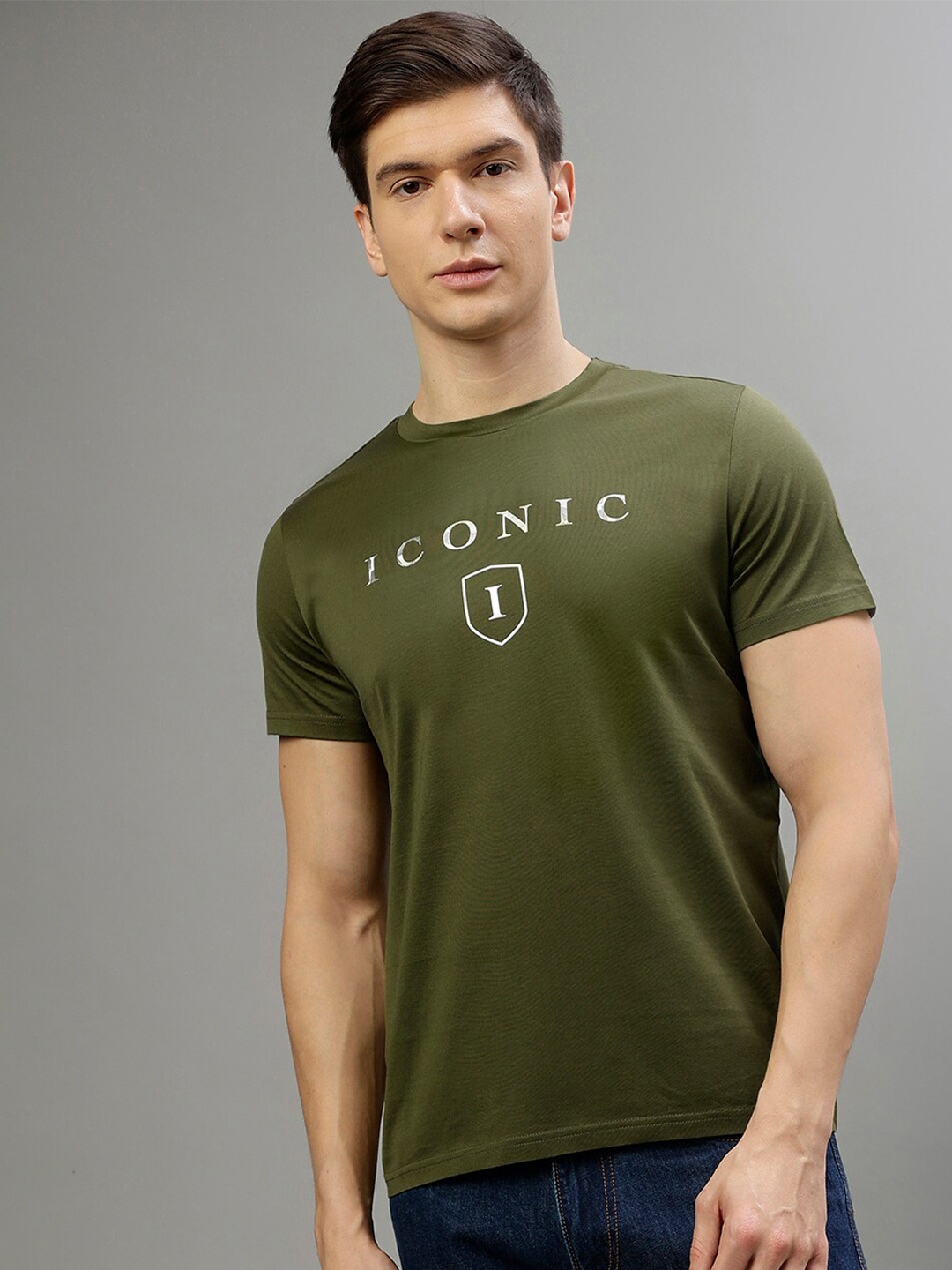 

Iconic Typography Printed Pure Cotton Round Neck T-shirt, Olive