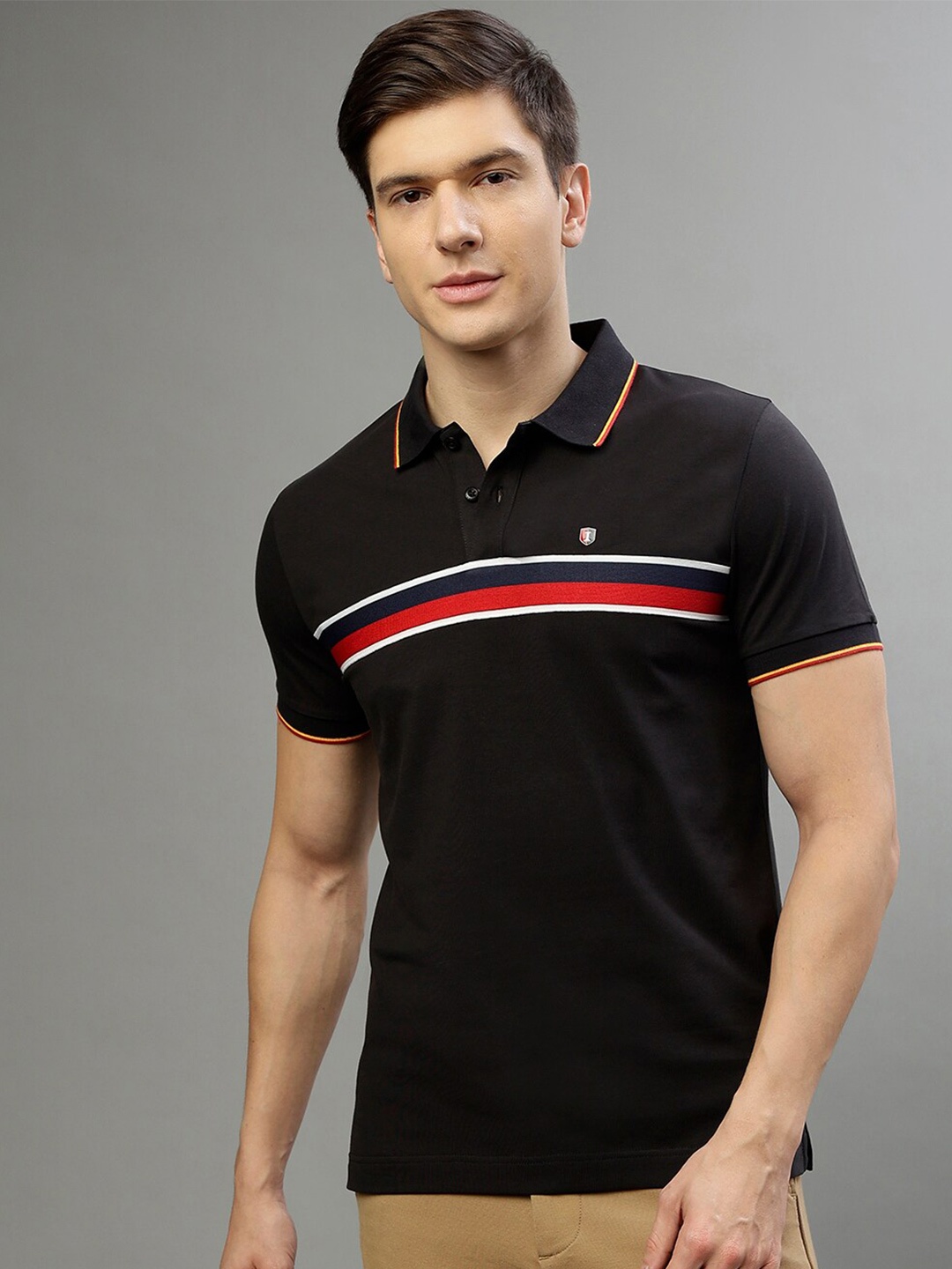 

Iconic Striped Polo Collar Short Sleeves T-shirt, Black