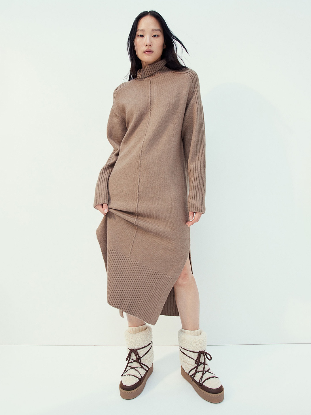 

H&M Knitted Turtleneck Dress, Brown
